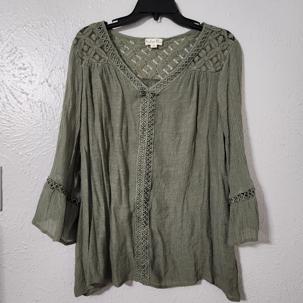 **Indigo Rose Boho Lace Top | Olive Green**